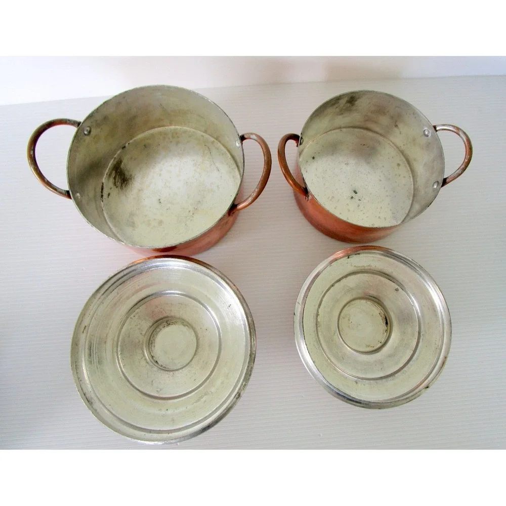Set of 2 Vintage Copper Little Pots with Unique Lids Double Handles Tin Lined